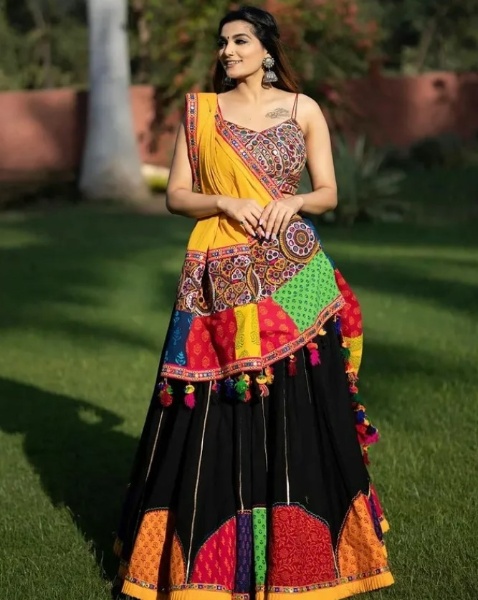 Crocheted Embroidered Cotton Chaniya Choli In Multicolor